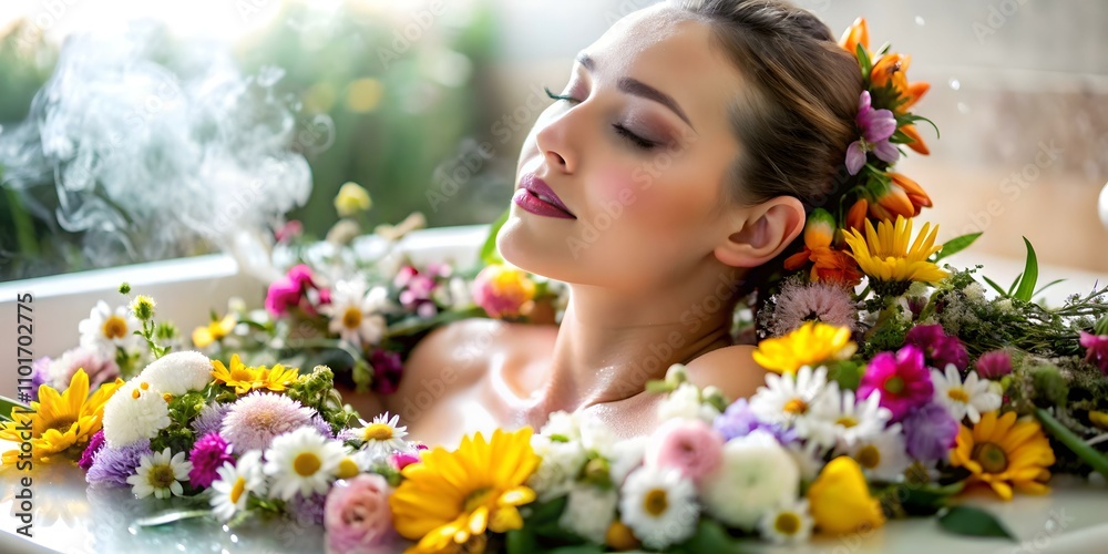 Fototapeta premium Intimate Close-Up Portrait Woman in Steam Sauna with Beads of Sweat for Detoxification and Relaxation
