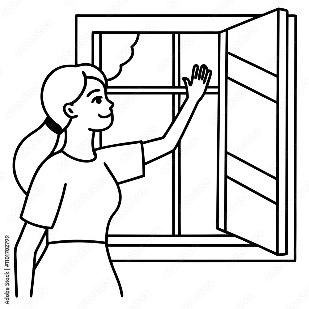 woman opens window enjoying fresh air woman opens window enjoying fresh air