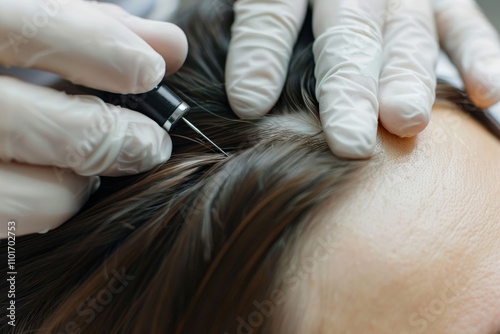 Precision hair treatment procedure with injector and gloves for scalp care photo