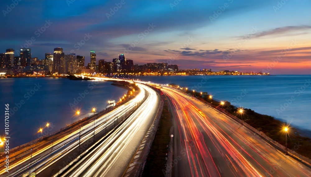 Dynamic Motion Blur Capturing the Energy of a Busy Urban Highway Amid Evening Rush Hour with the Vibrant City Skyline Serving as a Majestic Backdrop to the Hustle and Flow of Urban Life Dynamic Motion Blur Capturing the Energy of a Busy Urban Highway Amid Evening Rush Hour with the Vibrant City Skyline Serving as a Majestic Backdrop to the Hustle and Flow of Urban Life