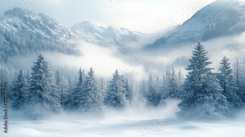 Serene Winter Landscape with Snow-Covered Trees and Majestic Mountains in the Background, Creating a Peaceful and Tranquil Atmosphere in the Wilderness