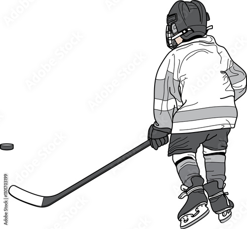 HOCKEY Kid, Child, Minor (Youth) Hockey Mite PLAYER back, skater figure from behind, shape, silhouette, line drawing illustration, clear PNG transparent photo