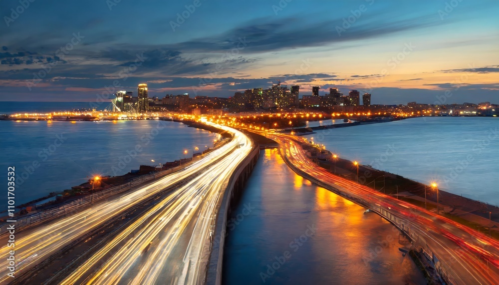 A captivating scene of evening rush hour: motion blur streaks across a bustling urban highway with shimmering headlights and tail lights, framed by a vibrant city skyline under a twilight A captivating scene of evening rush hour: motion blur streaks across a bustling urban highway with shimmering headlights and tail lights, framed by a vibrant city skyline under a twilight