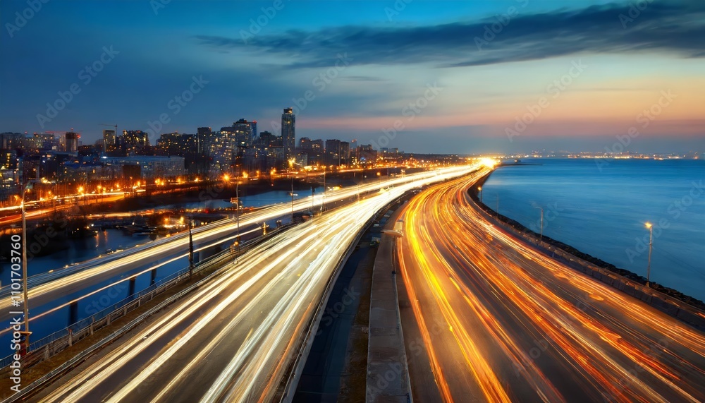 Dynamic motion blur of vehicles on a bustling urban highway at evening rush hour, set against the backdrop of a modern city skyline illuminated with golden-hour hues and vibrant lights. ( Dynamic motion blur of vehicles on a bustling urban highway at evening rush hour, set against the backdrop of a modern city skyline illuminated with golden-hour hues and vibrant lights. (