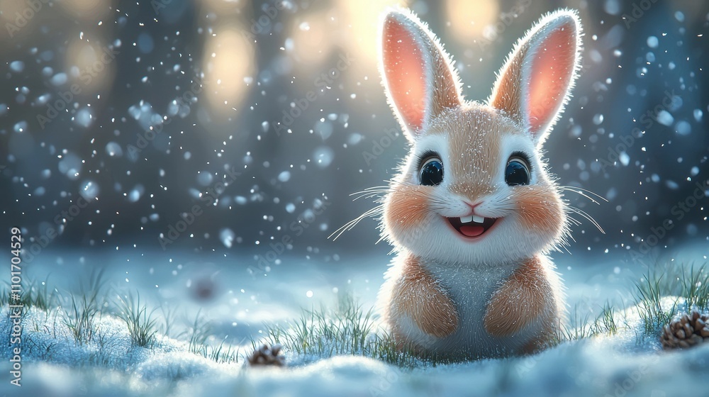 Cheerful Rabbit Enjoying Snowy Winter Wonderland with Sparkling Bokeh Cheerful Rabbit Enjoying Snowy Winter Wonderland with Sparkling Bokeh