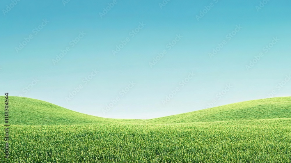 Fototapeta premium Serene Meadow: Expansive green field with rolling hills under a clear blue sky. A tranquil scene of nature's beauty, perfect for showcasing peace and tranquility. 