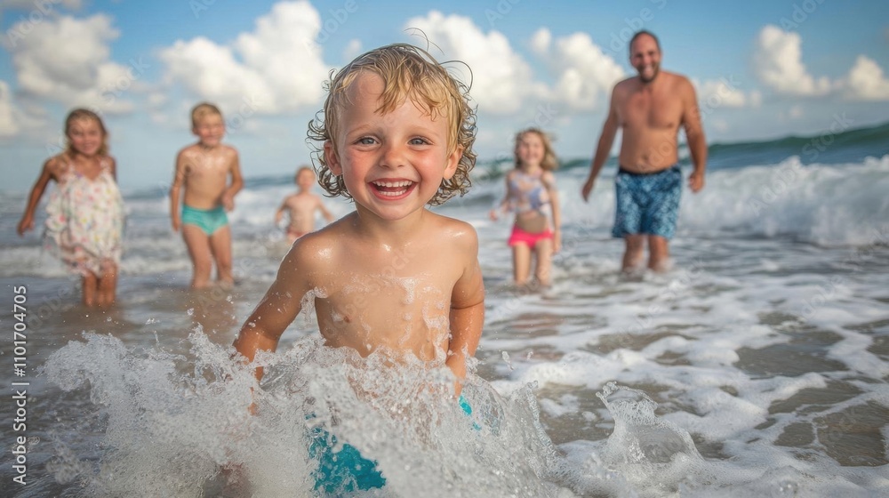 Family fun day at the beach children playing in waves outdoor photography sunny weather joyful moments captured Family fun day at the beach children playing in waves outdoor photography sunny weather joyful moments captured