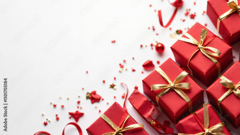 Festive Red Gift Boxes with Golden Ribbons: Perfect for Holiday Promotions, Sales Events, and Celebratory Marketing Festive Red Gift Boxes with Golden Ribbons: Perfect for Holiday Promotions, Sales Events, and Celebratory Marketing