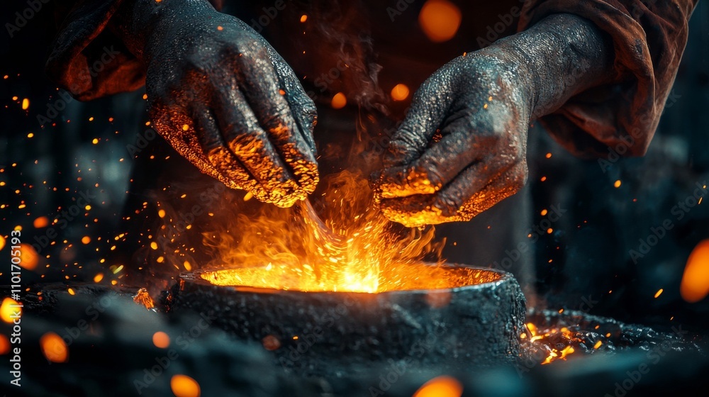 Naklejka premium Ancient Chinese artisan pouring molten bronze into a glowing mold, surrounded by fiery sparks and intense craftsmanship in a dimly lit workshop