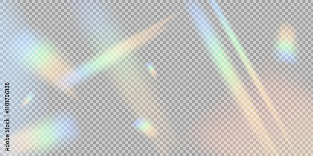 Reflected rainbow stripes. Refraction of light, sun glare. Rainbow rays blurred glare. Abstract background with glare. Reflected light prism effect.