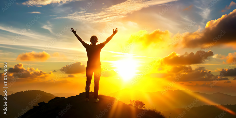 Silhouette of Person on Hill with Raised Arms Against Vibrant Sunset Sky Silhouette of Person on Hill with Raised Arms Against Vibrant Sunset Sky