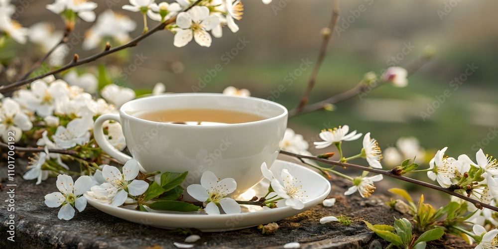 Serene Herbal Tea Cup Close Up with Blooming Flowers for Relaxation Wellness Spa Concept Serene Herbal Tea Cup Close Up with Blooming Flowers for Relaxation Wellness Spa Concept