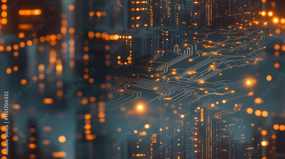 Futuristic City Skyline Blend Circuit Board Bokeh Lights Soft Abstract Art Futuristic City Skyline Blend Circuit Board Bokeh Lights Soft Abstract Art
