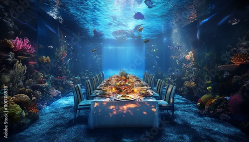 Underwater dining experience. Luxurious table setting surrounded by vibrant coral reef and diverse marine life. Surreal underwater restaurant scene. photo