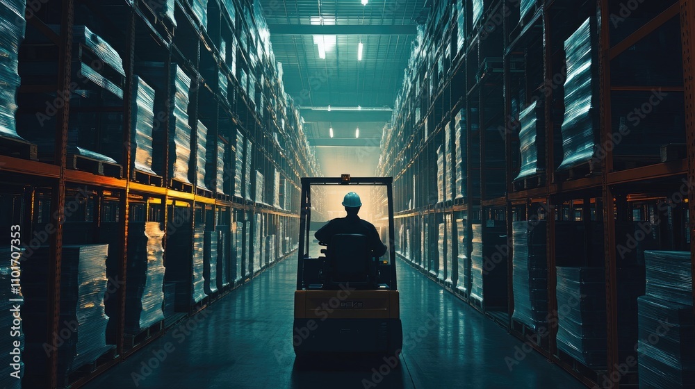 Worker driving forklift on shelves in large warehouse, back view Worker driving forklift on shelves in large warehouse, back view
