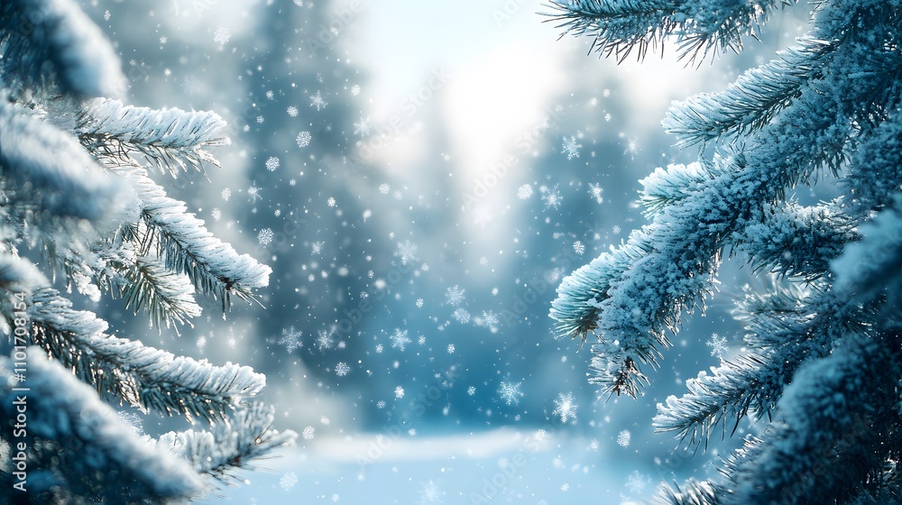 Snow covered pine branches winter wonderland scene Snow covered pine branches winter wonderland scene