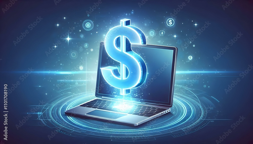 Obraz premium Holographic Dollar Sign Floating Above Laptop Symbolizing Digital Finance and Online Transactions