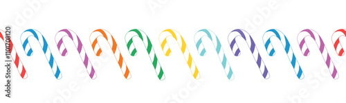 Festive seamless border banner featuring striped Christmas candy canes, lollipops. For holiday greetings, invitations, advertisements, seasonal decorations, creative designs for Christmas and New Year