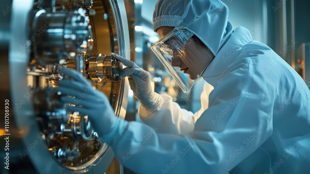 Fototapeta premium An electrical engineer testing advanced robotics with polished, high-tech equipment in a clean space