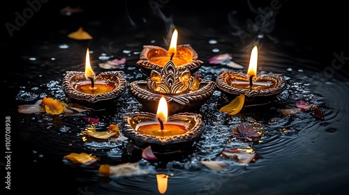 Glowing Diya Lamps Float on Water During Diwali Festival Celebration AI Generated photo