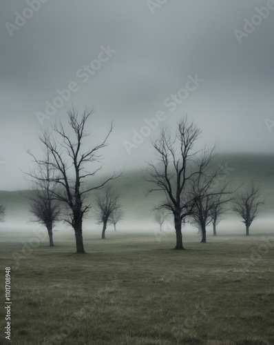 Wallpaper Mural Wind blown trees in an open grassy field on a foggy and cloudy day. Torontodigital.ca