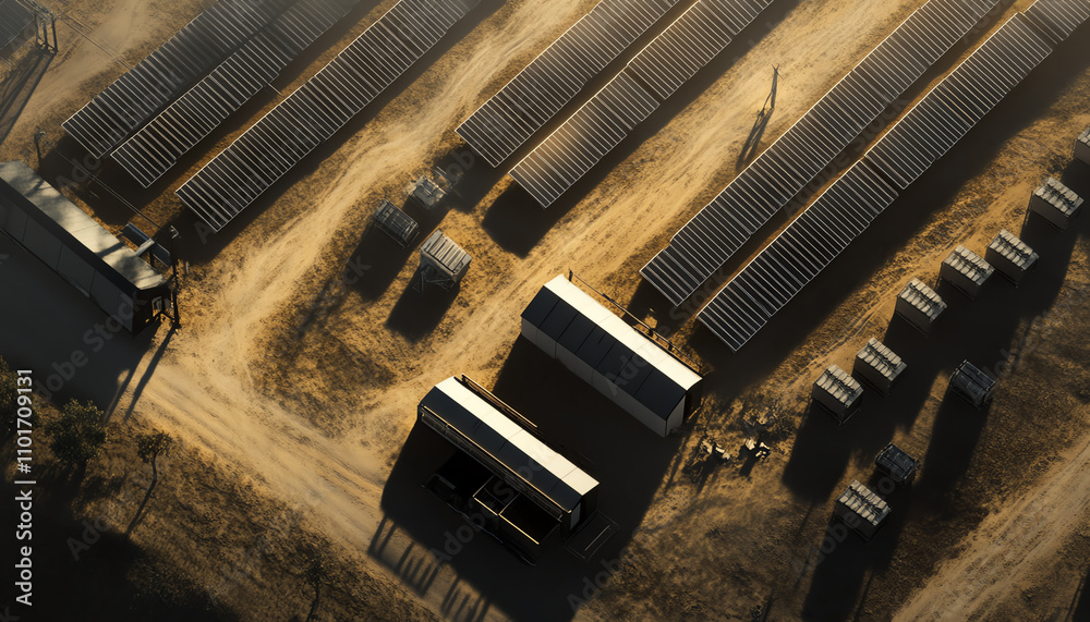 Obraz premium Innovative solar power storage solutions renewable energy facility technology showcase outdoor environment aerial view peak energy concept