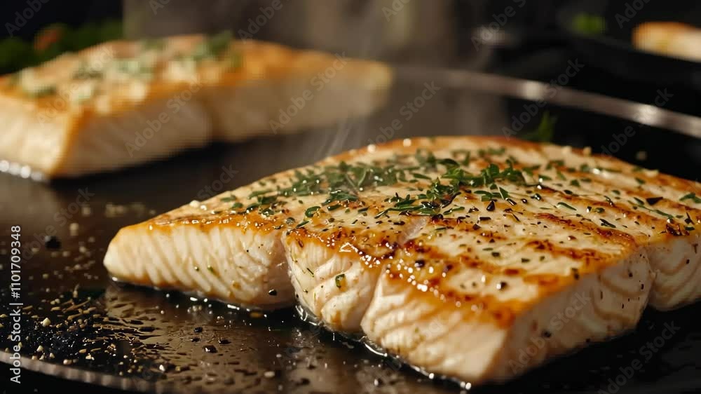 Sizzling grilled salmon fillets seasoned with herbs on a hot grill for a delicious meal