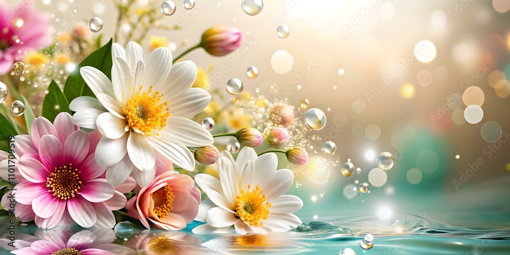 Beautiful Glossy Background with Blooming Flowers and Water Droplets Ideal for Spa and Wellness Stock Images Beautiful Glossy Background with Blooming Flowers and Water Droplets Ideal for Spa and Wellness Stock Images