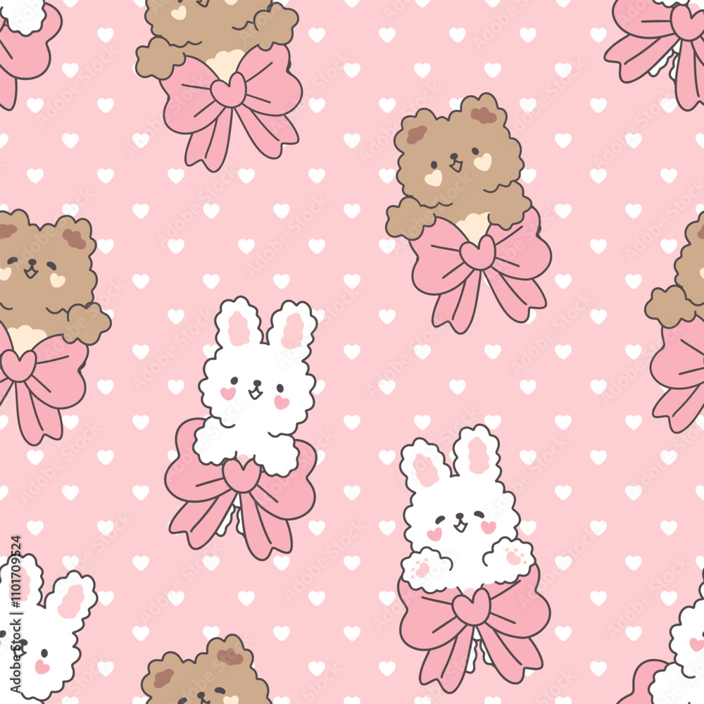 Cute bunny and bear with a bow on a pink background with hearts texture, kawaii animals valentines
Cute bunny and bear with a bow on a pink background with hearts texture, kawaii animals valentines
