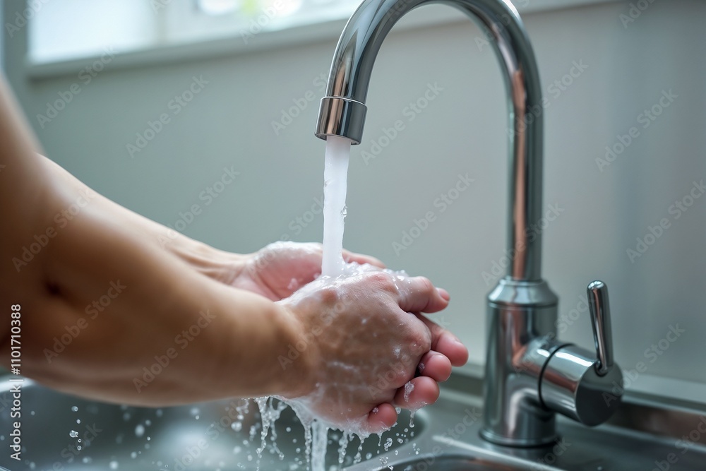 Hygienic Hand Washing Under Modern Chrome Faucet With Soap Hygienic Hand Washing Under Modern Chrome Faucet With Soap