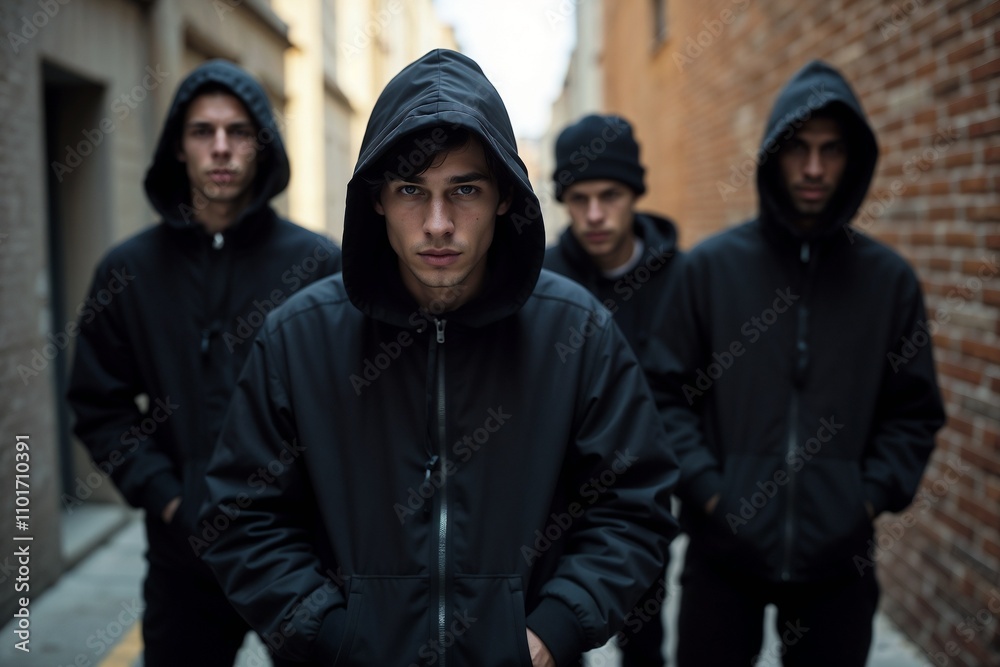 Urban Youth Group In Dark Hoodies Against Brick Alley Background Urban Youth Group In Dark Hoodies Against Brick Alley Background
