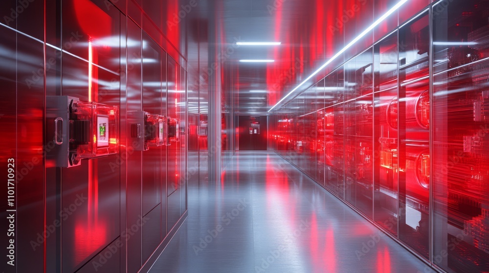 A futuristic hallway illuminated in red, showcasing advanced technology and data storage units. A futuristic hallway illuminated in red, showcasing advanced technology and data storage units.