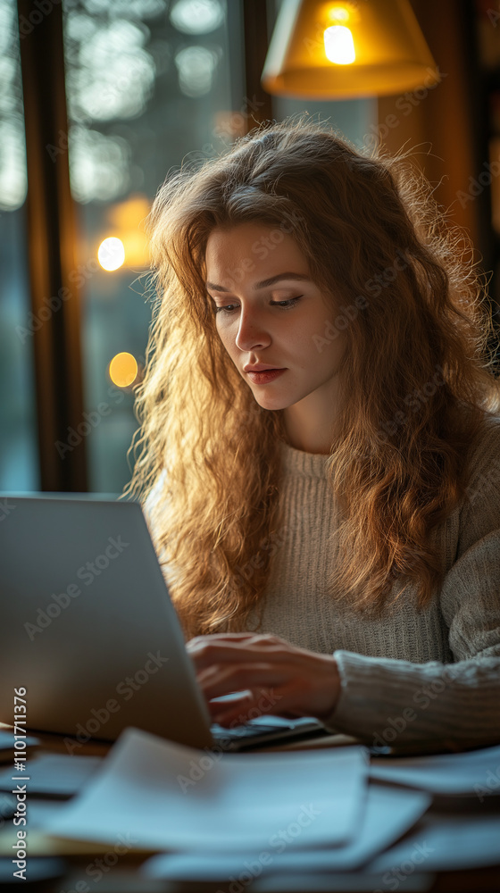 Focused woman working on laptop by warm evening light Focused woman working on laptop by warm evening light