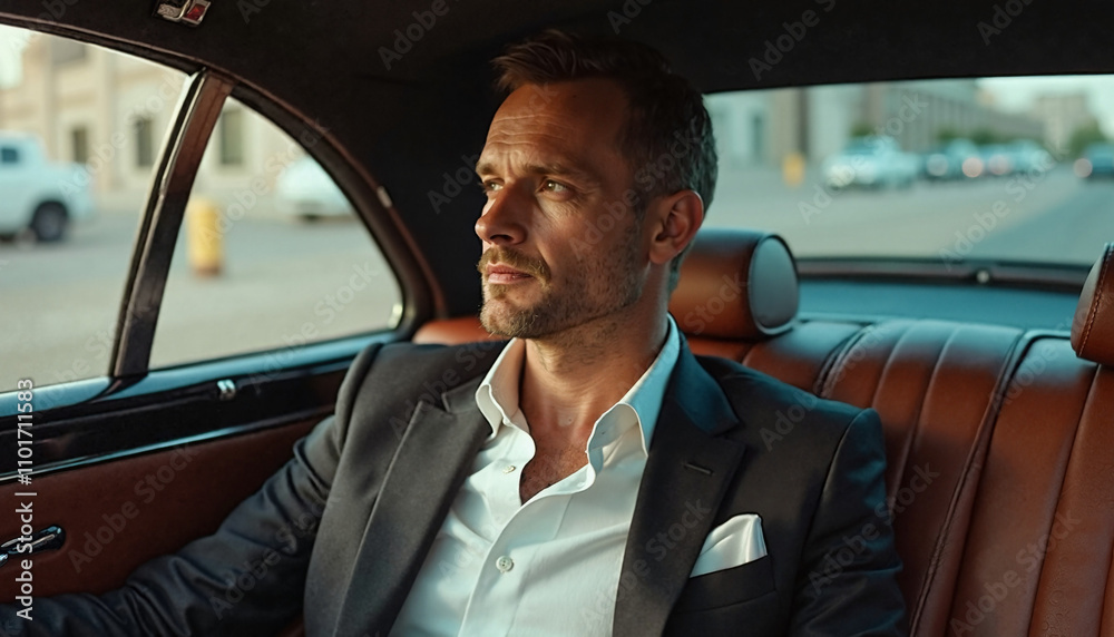 A businessman in a suit sits in the backseat of a car with leather seats, looking thoughtfully out the window at the city. A businessman in a suit sits in the backseat of a car with leather seats, looking thoughtfully out the window at the city.