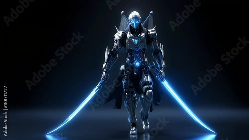 The humanoid walks while holding two swords photo