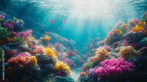 A coral reef ecosystem, teeming with marine life and vibrant colors


