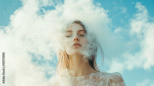 portrait of a woman face in clouds