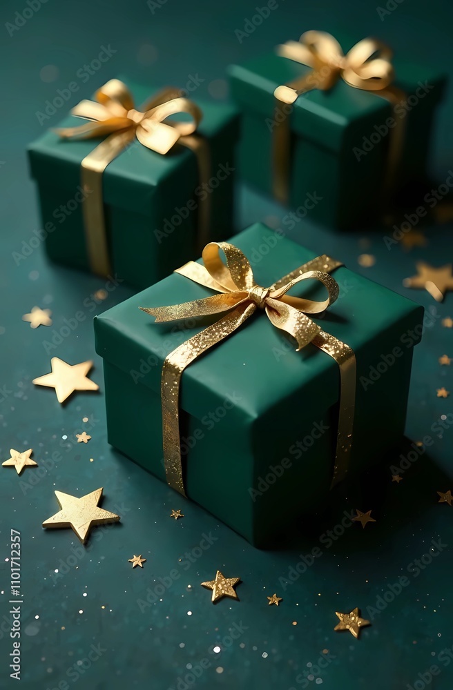 Dark green gifts with gold bows and sparkling stars and ribbons. Christmas and New Year's Eve. Dark green gifts with gold bows and sparkling stars and ribbons. Christmas and New Year's Eve.