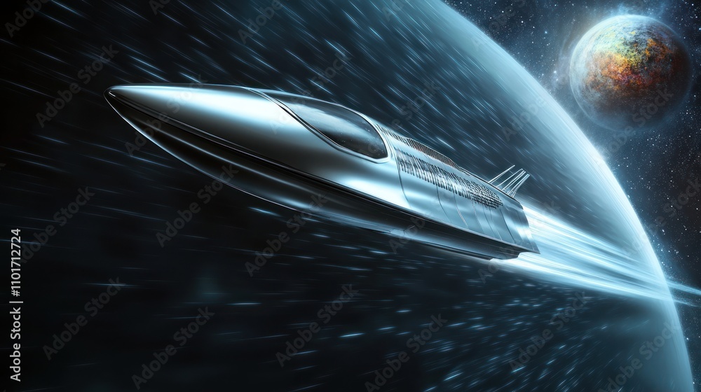 Futuristic Spaceship Traveling Through Space Near Planet Futuristic Spaceship Traveling Through Space Near Planet