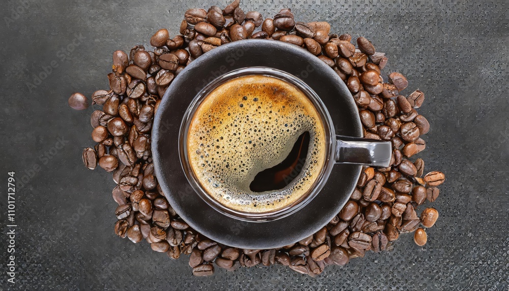 Top view of an isolated mug filled with hot black coffee, featuring rich foam bubbles on a transparent cutout background, ideal for design projects, advertising, or food photography needs. Top view of an isolated mug filled with hot black coffee, featuring rich foam bubbles on a transparent cutout background, ideal for design projects, advertising, or food photography needs.