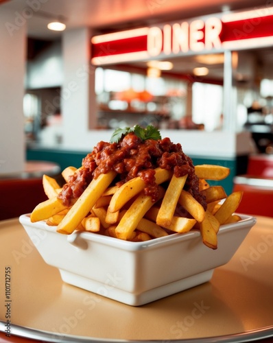 Vibrant retro fast food delight cheesy fries with salsa modern diner indoor setting flavorful experience. photo