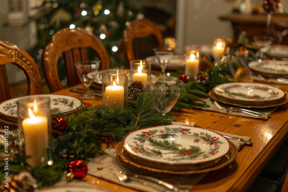 Festive holiday table setting with candlelight and evergreen decor Festive holiday table setting with candlelight and evergreen decor