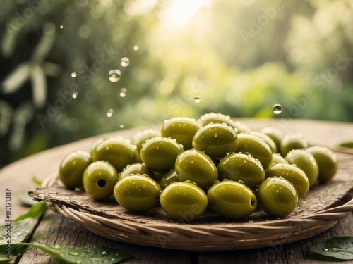 Fresh green olives sparkle with dew in a peaceful garden setting under soft light. photo