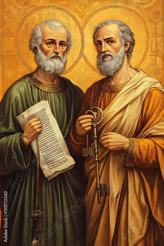 Icon of Saint Peter and Saint Paul, standing together with scrolls and keys, traditional Byzantine style, holding keys and a scroll in a golden background