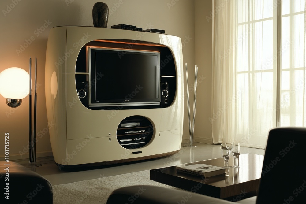 Modern cream entertainment center, sleek TV, stylish room. Modern cream entertainment center, sleek TV, stylish room.