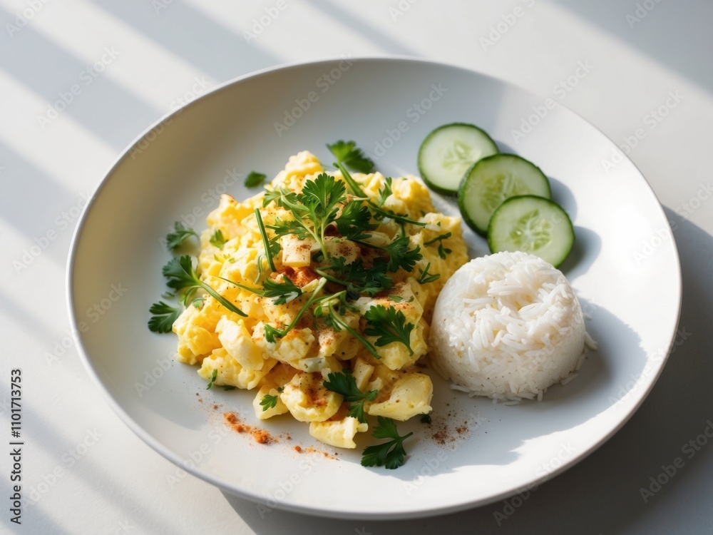 Scrambled eggs topped with herbs and spices served with rice and cucumber slices. Scrambled eggs topped with herbs and spices served with rice and cucumber slices.