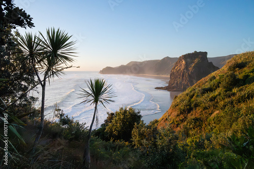 Fototapeta Naklejka Na Ścianę i Meble -  Tasman Lookout Track sunset view point of Piha Beach, Auckland, New Zealand