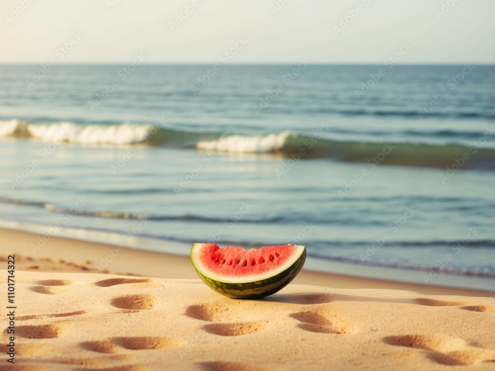 Watermelon Slice on Sandy Beach with Ocean in Background. Watermelon Slice on Sandy Beach with Ocean in Background.