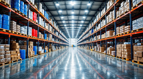 Modern Warehouse Interior with Stacked Shelves and Pallets under Bright Lighting