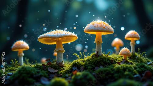 A close-up image of multiple mushrooms with speckled tops growing on moss.